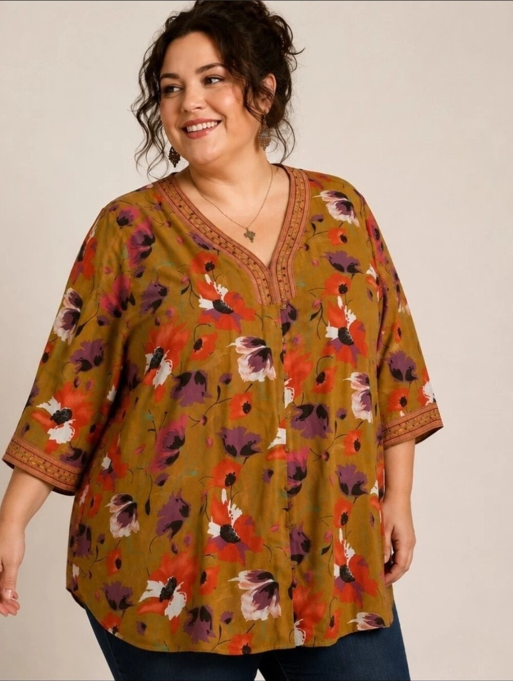 Maggie Barnes Boho Chic Floral Sequin Tunic Blouse Plus Size